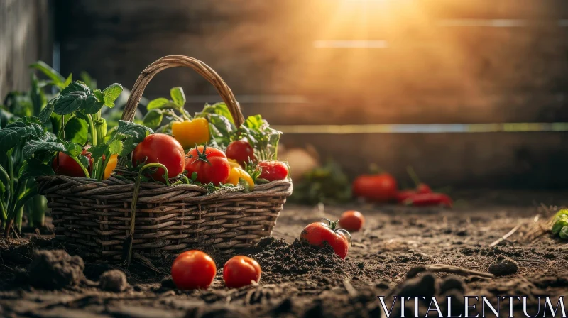 AI ART Ripe Tomatoes and Green Basil in Garden Basket