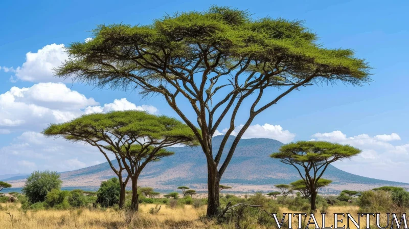 Tranquil Acacia Trees in Grassy Plain Landscape AI Image
