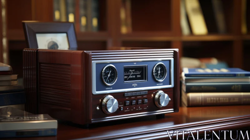 Vintage-Style Wooden Radio Receiver in Library AI Image
