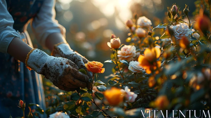 Woman Picking Orange Rose in Garden AI Image