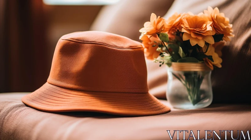AI ART Brown Bucket Hat and Orange Flowers Close-Up