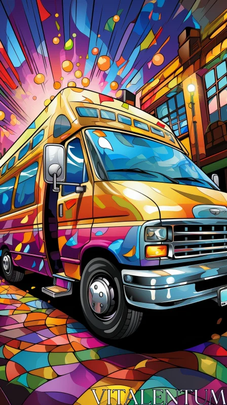 Colorful Cartoon Van in City Street - Artistic Illustration AI Image