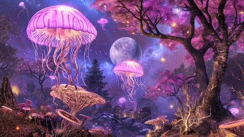 Enchanting Forest Encounter with Jellyfish Creatures