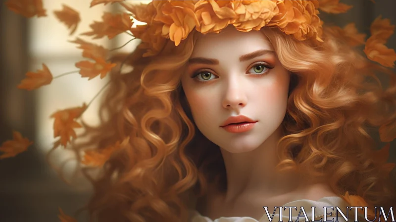 Ethereal Woman Portrait with Red Hair and Flowers AI Image