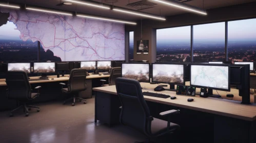 Modern Control Room with Computer Workstations AI Image