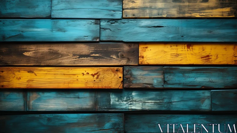 AI ART Rustic Wooden Wall with Blue and Yellow Paint Planks