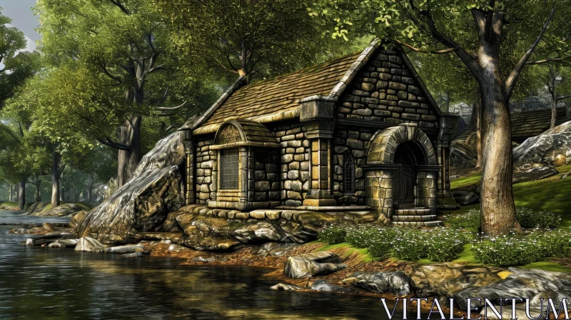 Tranquil Forest Cottage Digital Painting AI Image