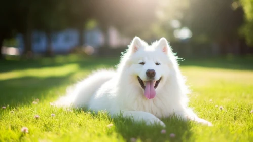 White Samoyed Dog in Sunny Grass Field