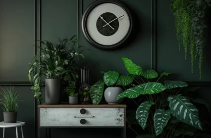Captivating Black Room with Table, Plant, Clock, and Greenery