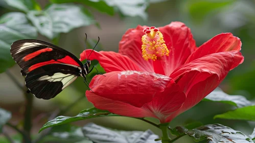 Exquisite Butterfly on Red Hibiscus Flower