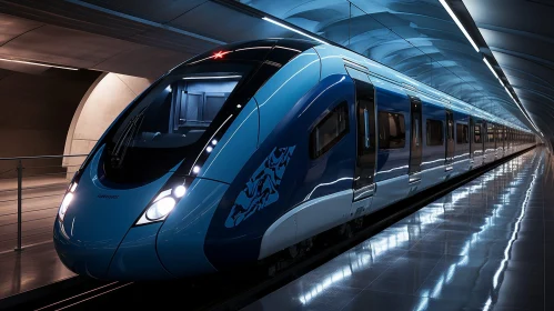 High-Speed Blue and White Train in Tunnel