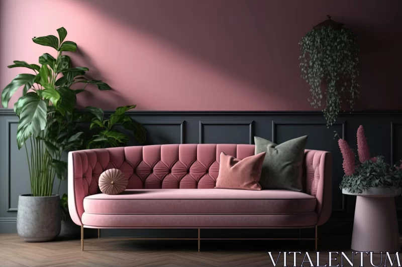Pink Sofa Facing Green Plant - Romantic Chiaroscuro Rendering AI Image