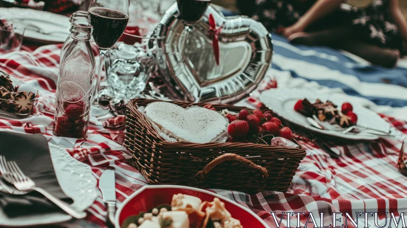 Romantic Picnic in Nature with Heart-shaped Cheese and Wine AI Image