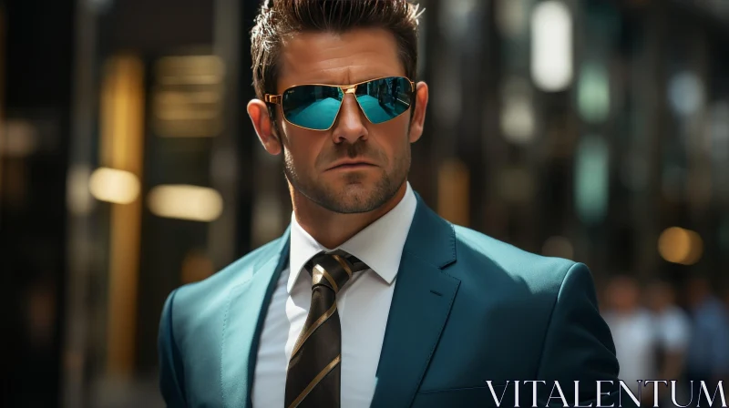 Serious Man in Blue Suit with Sunglasses AI Image