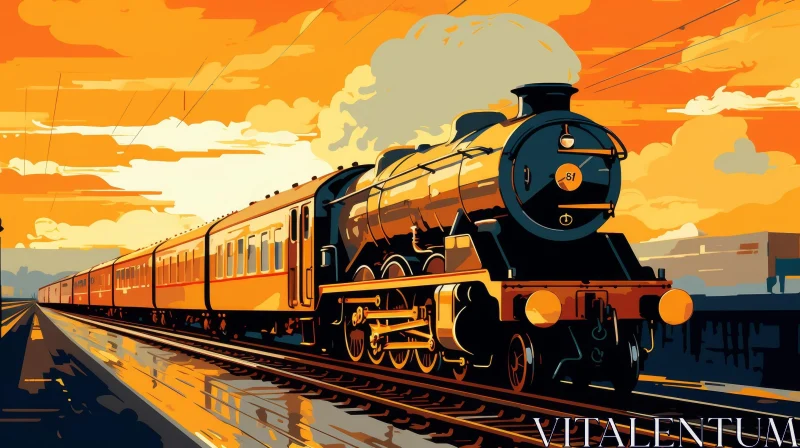 Steam Locomotive Digital Painting in Rural Landscape AI Image