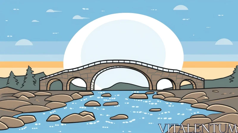 Stone Bridge over River Vector Illustration AI Image
