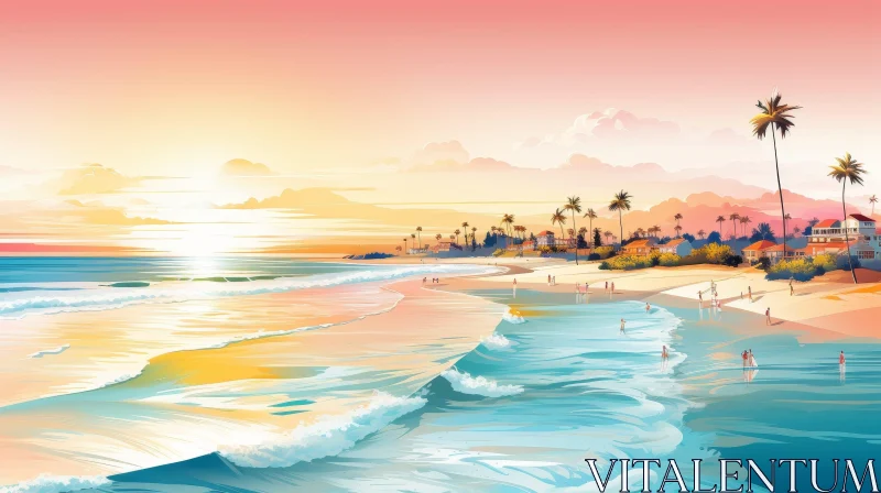 Tranquil Beach Sunset Scene AI Image