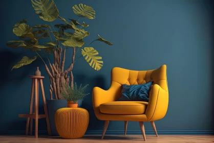 Vibrant Armchair with Plants on Blue Walls and Yellow Chair