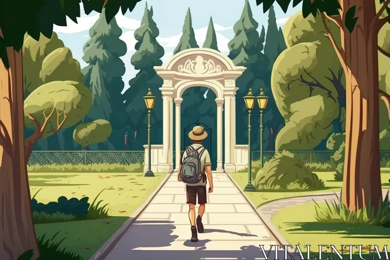 Whimsical Cartoon Person Walking in a Park with Archway AI Image