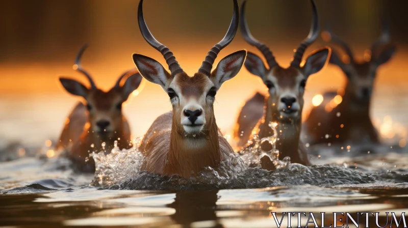 AI ART Antelopes Running in Water at Sunset