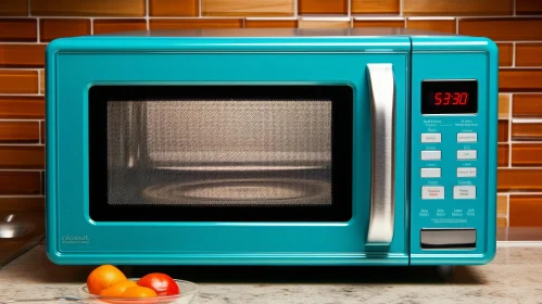 Blue Retro Microwave Oven in Kitchen