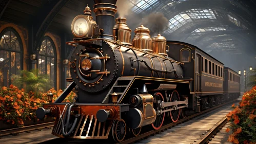 Golden-Adorned Black Steam Locomotive in Floral Station