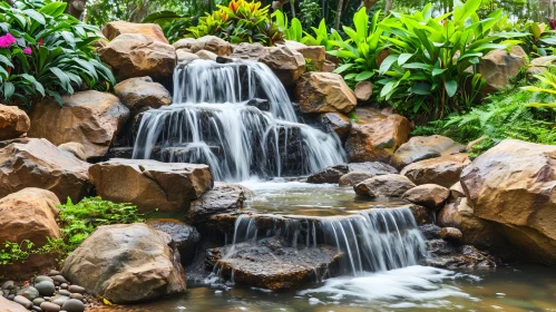 Serene Waterfall in Tropical Garden