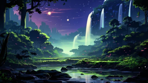 Tranquil Waterfall Jungle Scene with River and Stars