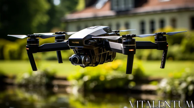 Black and Gray Drone Flying Over Garden Pond AI Image