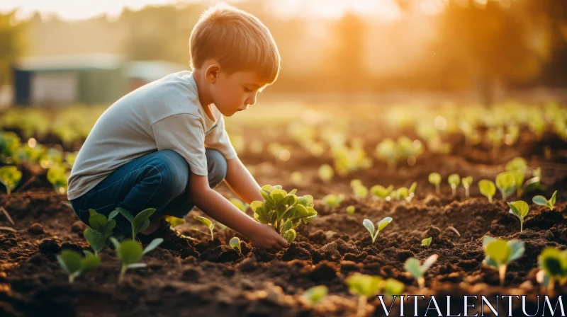 Boy Planting Small Plant at Sunset AI Image