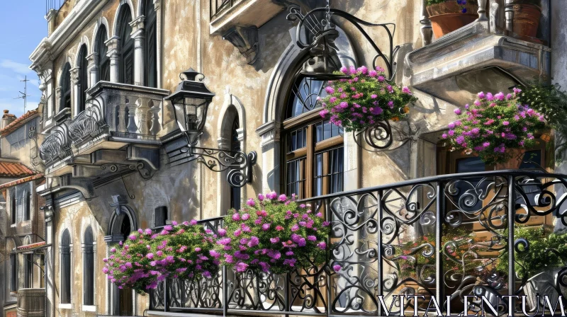 Charming Stone Building Painting with Flower Balcony AI Image