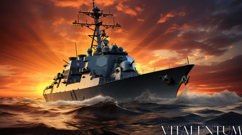 Modern Warship Sailing at Sunset in Rough Seas AI Image