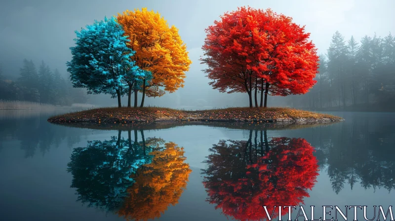 Mysterious Fall Trees on Island in Lake AI Image
