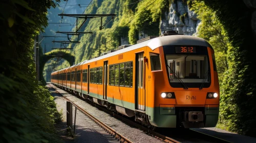 Speeding Orange Train in Lush Forest