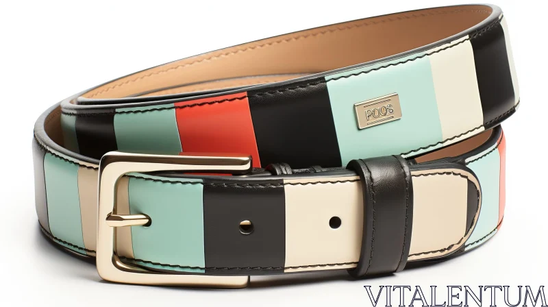 Stylish Striped Genuine Leather Belt with Gold Buckle AI Image