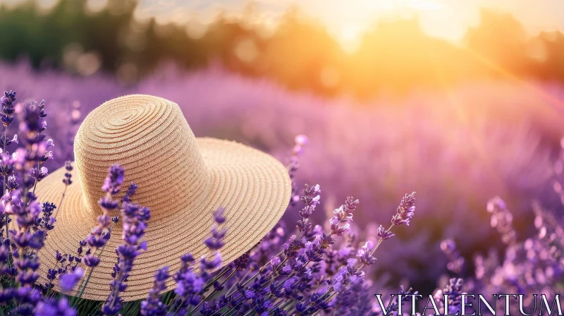 Tranquil Lavender Field at Sunset with Straw Hat AI Image
