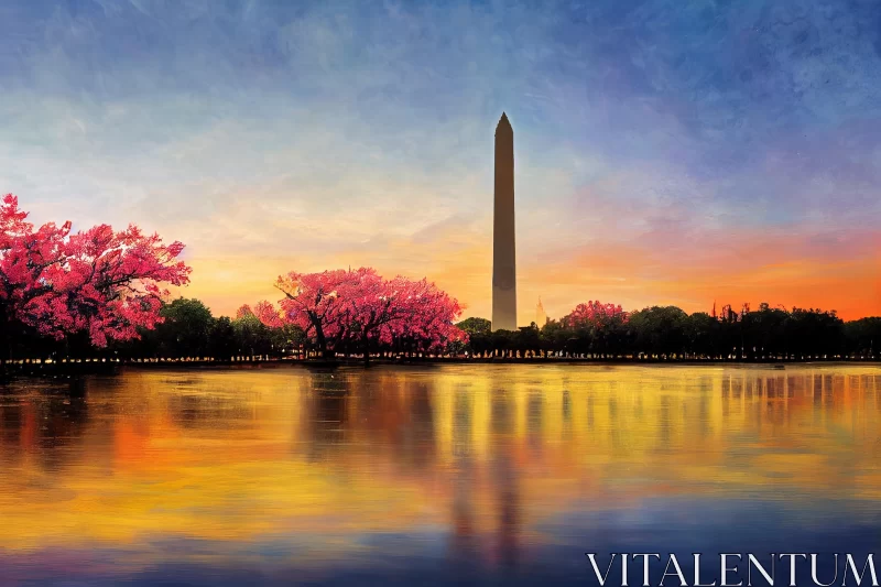 Washington Monument with Cherry Blossoms: A Vibrant Painting AI Image