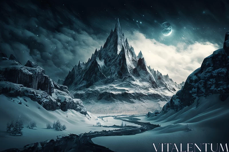 Captivating Snow-covered Mountains and Lands in Dark Fantasy Style AI Image