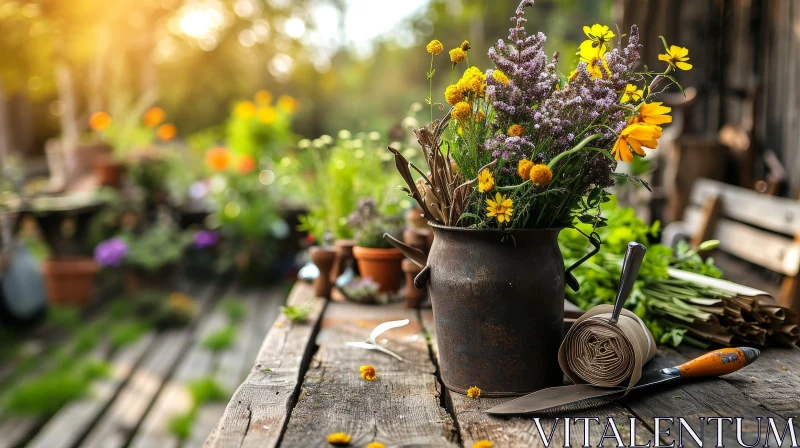Colorful Flowers in Rustic Milk Can on Wooden Table AI Image