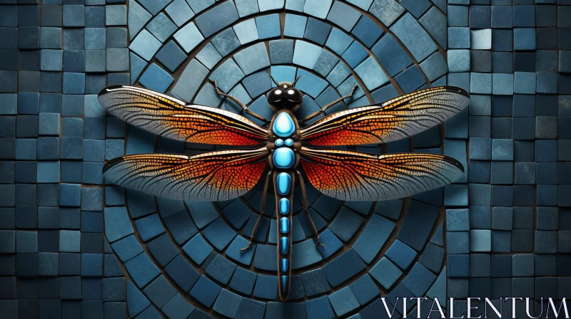 AI ART Dragonfly Mosaic Art - Blue and Brown Tiles