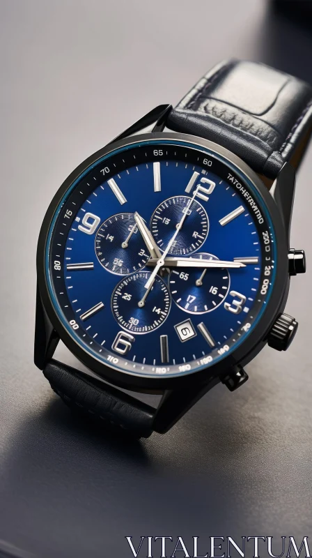 AI ART Elegant Black Wristwatch with Blue Dial | Stylish Timepiece