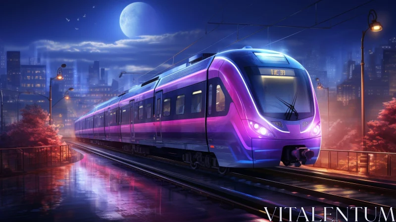 Futuristic Night Cityscape with High-Speed Train AI Image