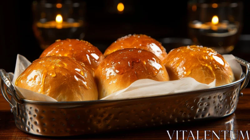 Golden Brown Crusted Bread Rolls in Copper Basket AI Image