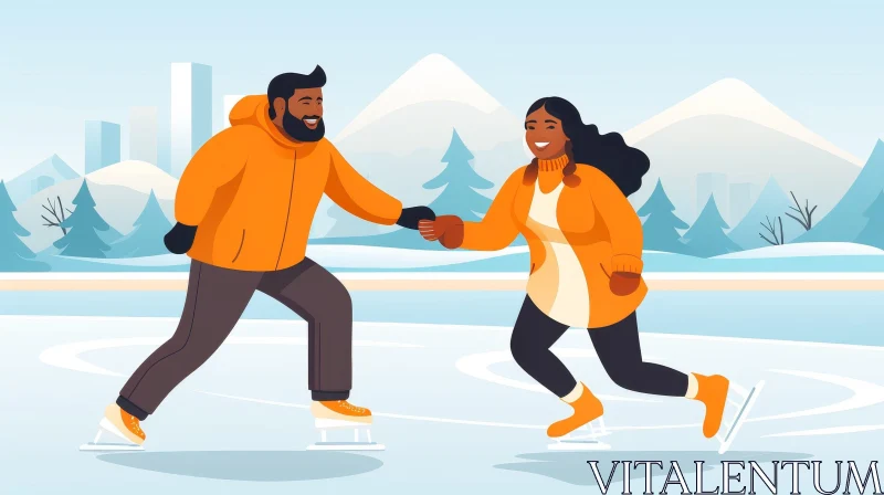 Joyful Couple Ice Skating in Nature AI Image
