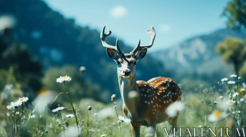Majestic Deer in Field of Flowers AI Image