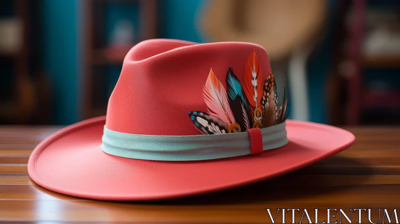 Red Cowboy Hat with Turquoise Hatband and Feather Band AI Image