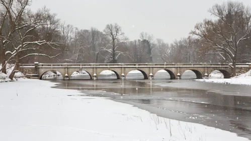 Snowy Stone Bridge Over Frozen River