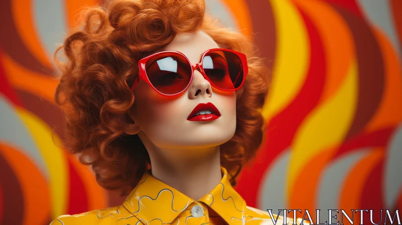 Stylish Woman with Red Curly Hair and Sunglasses AI Image