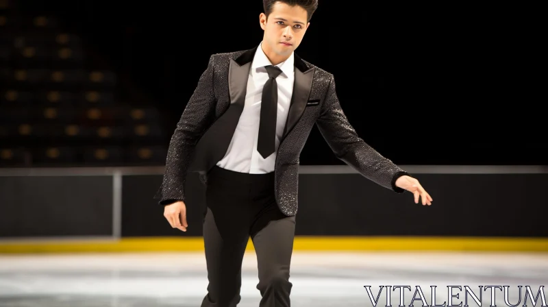 Young Male Figure Skater Performing on Ice Rink AI Image