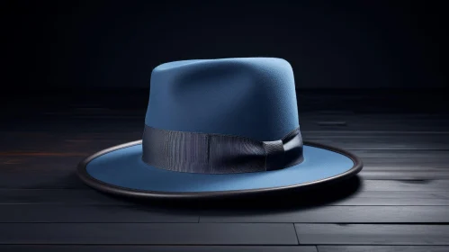 Blue Fedora Hat 3D Rendering on Wooden Surface